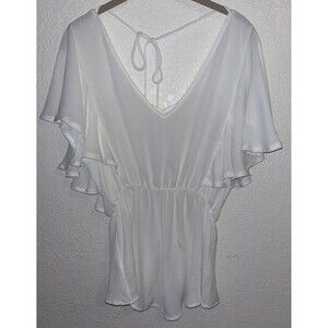 Oatt USA Top Women Sz Med. White Ruffled Deep V Neck